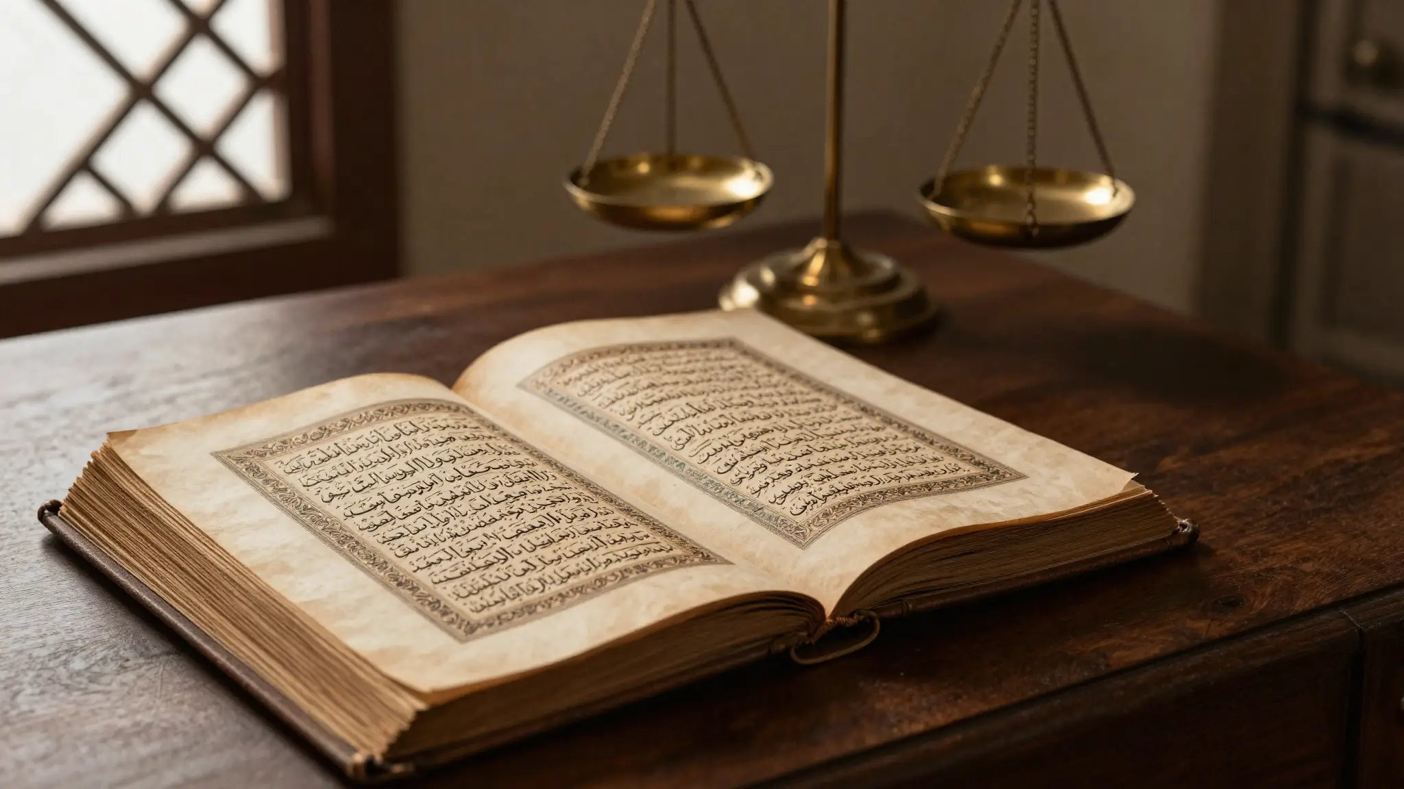 مخطوطة إسلامية مفتوحة بخط عربي أنيق بجوار ميزان نحاسي ترمز إلى معنى الحرام والحلال في الإسلام